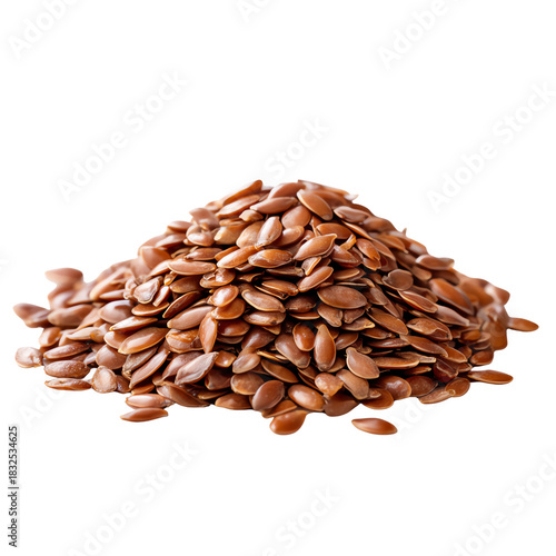 A close-up view of a pile of flax seeds on a white background, showcasing their rich brown color and unique texture.