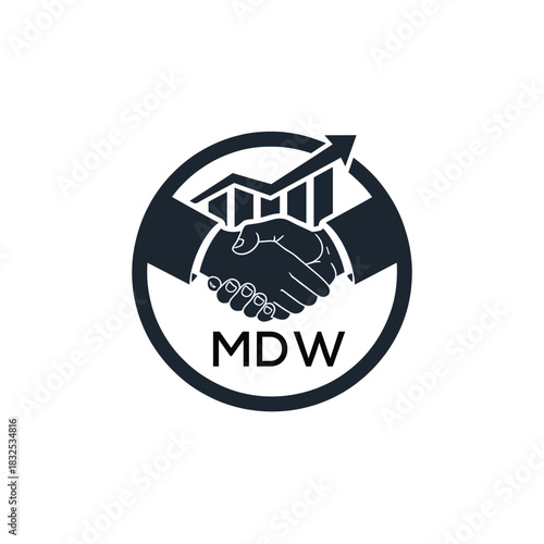 MDW Business Partnership Handshake. MDW Logo with Growth Chart  Corporate Success and Financial. MDW Collaboration Icon.
