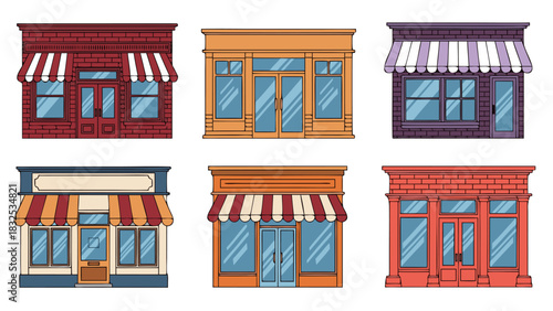 A collection of cartoon vector storefront illustrations featuring various small business shop buildings with colorful awnings and windows