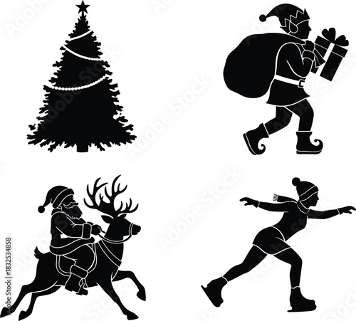 Christmas holiday silhouettes featuring Santa Claus, elf with gifts, decorated Christmas tree, reindeer rider, and ice skating girl festive vector illustration