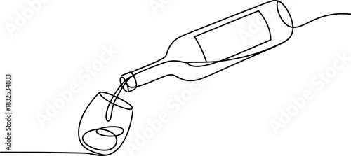 Continuous line drawing of wine pouring from a bottle into a glass, minimalist vector illustration representing drink, party, elegance Vector, illustration