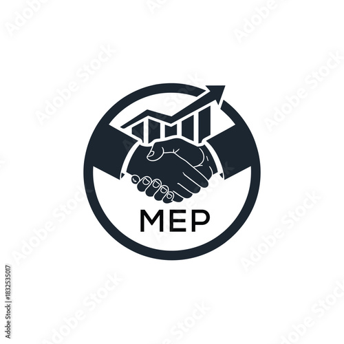 MEP Business Partnership Handshake. MEP Logo with Growth Chart  Corporate Success and Financial. MEP Collaboration Icon.
