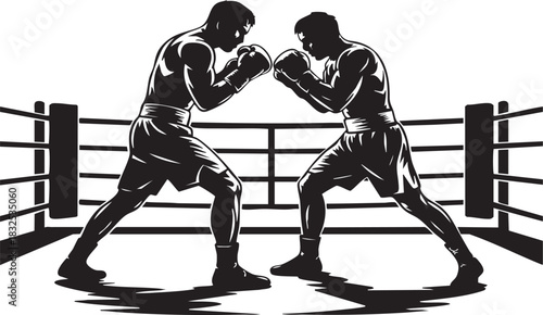 Silhouetted boxers stand in a boxing ring, fists raised, in a dramatic black and white illustration.