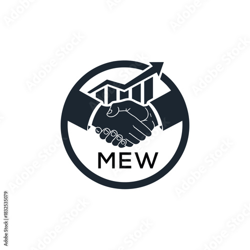 MEW Business Partnership Handshake. MEW Logo with Growth Chart  Corporate Success and Financial. MEW Collaboration Icon.
