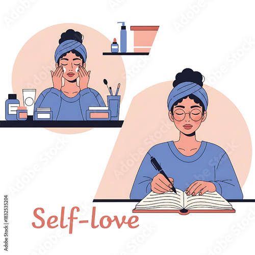 Self-love routine, skincare and journaling for mindfulness