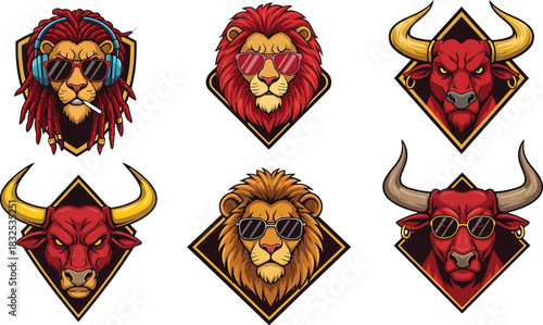 Set of stylized lion and bull heads with sunglasses and headphones in diamond frames Keywords: lion, bull, head, animal, sunglasses, headphones