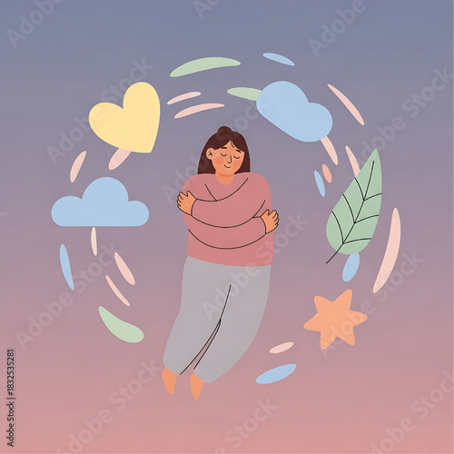 Self Love Embrace: Woman in a Circle of Positive Symbols Illustration