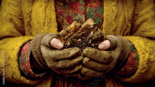 A person, in a yellow sweater, holding a honeycomb full of bees. Close-up. Warm tones