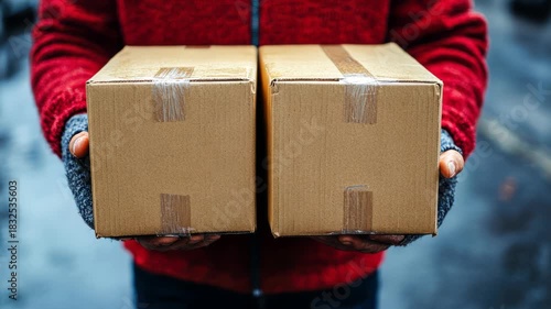 A person in a red jacket holds two taped cardboard boxes, close up. Gloves and blurred background