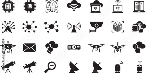 Technology and Innovation Icons Set with Circuits Brains Drones Keywords: technology, innovation, icons, set, circuit, chip, processor, cpu, brain