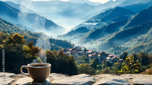 A steaming cup of coffee sits on stone, overlooking a misty valley, with a quaint village in the distance