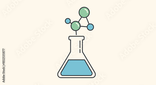 Minimalist science art featuring a laboratory flask and molecular bond icon. A flat vector design for chemistry and research themes