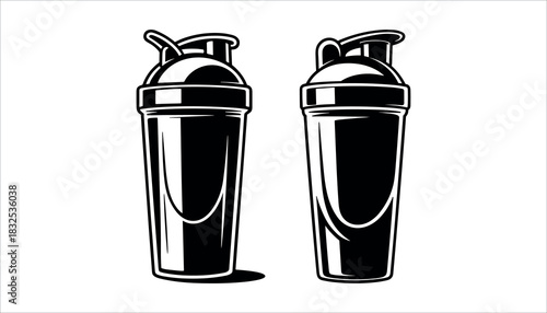 Black and white illustration of two protein shakers side by side shaker bottle supplement