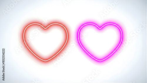 Bright neon heart frame border with red purple pink glowing light effect for love valentine day card decoration on transparent background