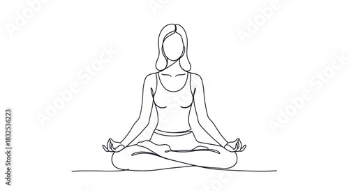 Minimalist Line Drawing of a Woman Practicing Meditation in a Cross-Legged Pose