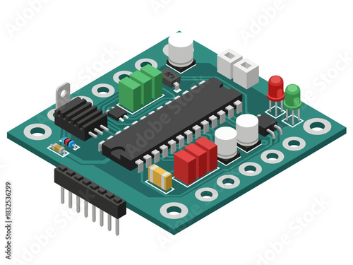 This detailed isometric vector illustration depicts a green electronic circuit board populated with a large central microchip, various colorful capacitors, and red and green LED indicators