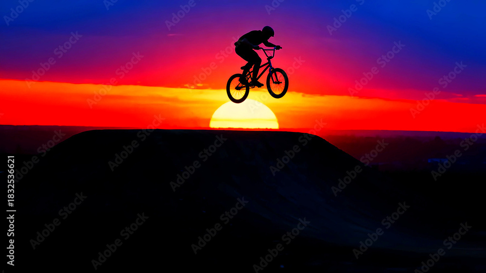 Naklejka premium Bmx biking silhouette sunset extreme sports adventure jump rider bicycle stunt sky clouds sun action freedom challenge adrenaline recreation outdoors lifestyle competition skill trick