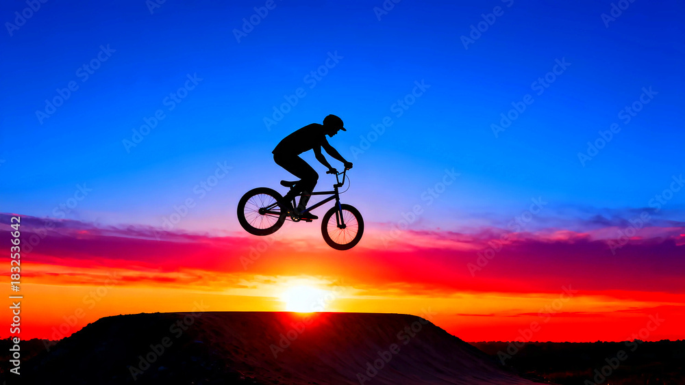 Obraz premium Bmx bike silhouette jump sunset extreme sport bicycle rider sky clouds freedom adventure action lifestyle outdoor nature competition trick challenge skill adrenaline energy recreation