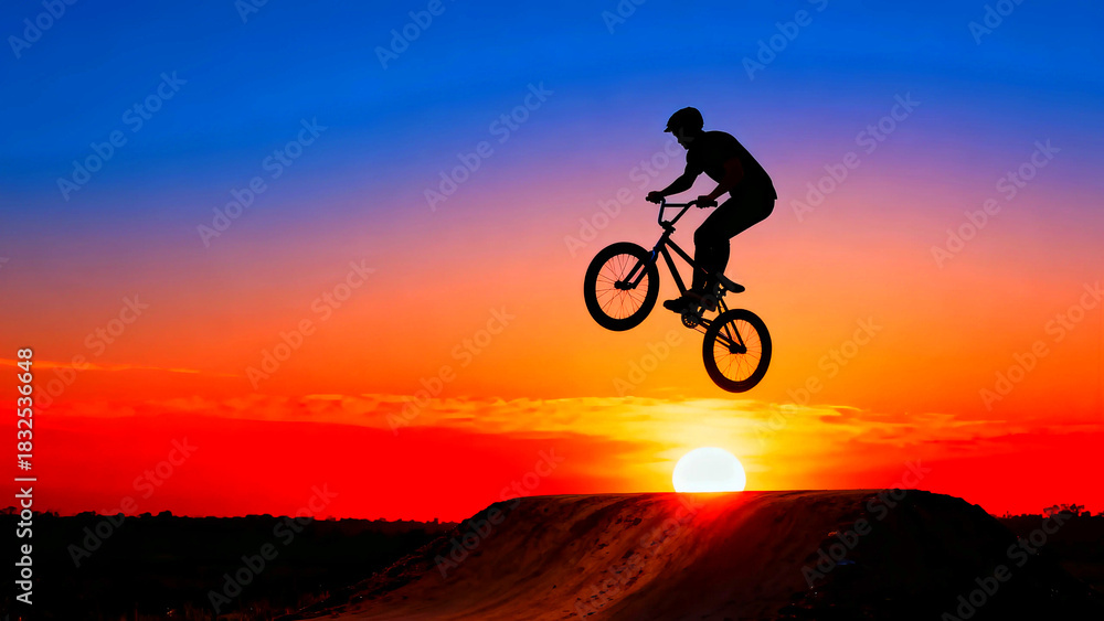 Obraz premium Bmx bike jump sunset silhouette extreme sport bicycle rider action adventure freedom challenge skill stunt outdoor sky clouds sun dusk horizon nature landscape recreation lifestyle