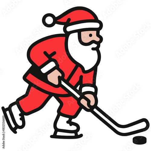 Santa Claus Playing Ice Hockey Santa Claus skating with a hockey stick, aiming at a puck while spreading festive holiday fun