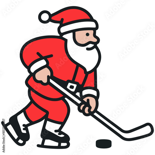Santa Claus skating with a hockey stick and puck, combining Christmas fun with winter sports.
