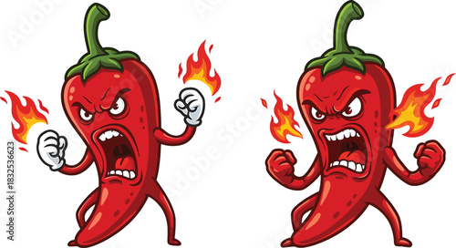 Two cartoon red chili peppers with angry faces and flames bursting from their hands Keywords: chili pepper, hot pepper, spicy, hot, angry, mad