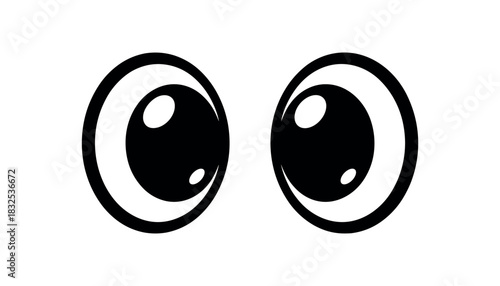 Black cartoon eyes looking sideways with white highlights on white background black eyes isolated