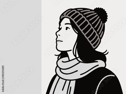 A woman in winter clothes. Simple illustration. Keeping warm with a knit hat and scarf.