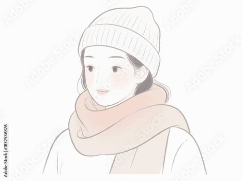 A woman in winter clothes. Simple illustration. Keeping warm with a knit hat and scarf.