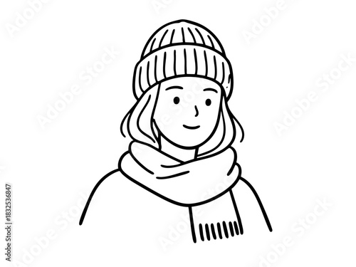 A woman in winter clothes. Simple illustration. Keeping warm with a knit hat and scarf.