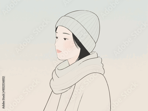 A woman in winter clothes. Simple illustration. Keeping warm with a knit hat and scarf.