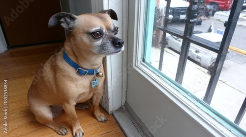 Fototapeta Naklejka Na Ścianę i Meble -  A small brown canine, wearing a blue collar, sits inside and gazes out a window