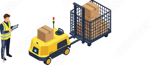 Warehouse worker with tablet controlling autonomous robot cart with boxes in logistics vector illustration
