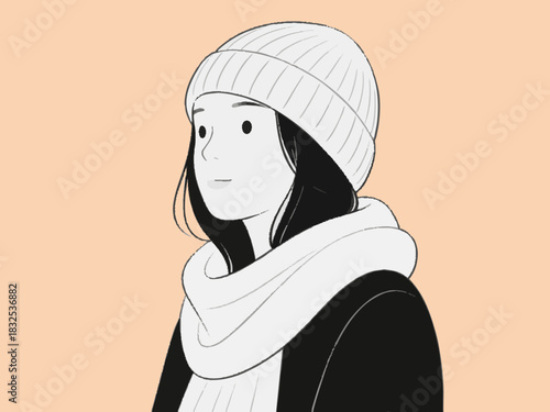 A woman in winter clothes. Simple illustration. Keeping warm with a knit hat and scarf.