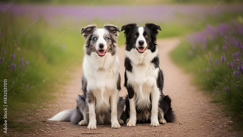 Fototapeta premium Two border collies sitting on a path in a lavender field
