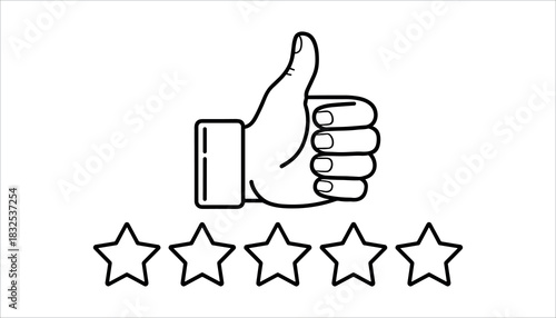 Black outline hand giving thumbs up gesture above five empty stars on white background hand gesture approval