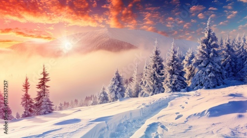 Wallpaper Mural Snowy Winter Landscape with Frosted Trees and Sunset Sky Torontodigital.ca