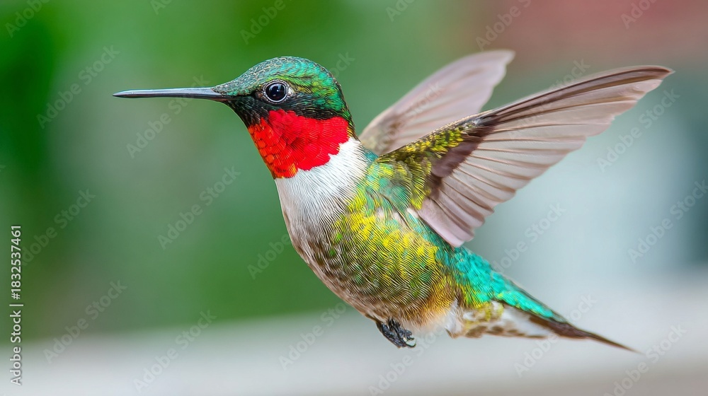 Fototapeta premium A vibrant ruby-throated hummingbird in flight, wings outstretched, showcasing colorful plumage