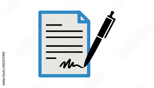Black pen signing a document with blue border and text lines writing signature