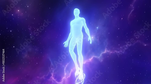 Abstract ethereal human figure floating in a colorful cosmic sky background