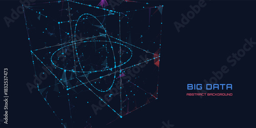 Abstract big data 3D grid cube with elipsoide holes inside. Quantum computing concept on dark background. Blockchain grid box сoncept. Artificial intelligence design