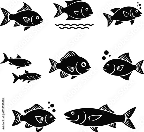 Collection of various fish in black and white linocut style