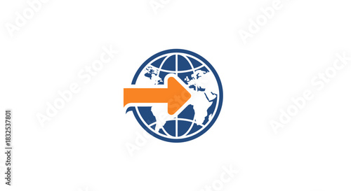Minimal flat icon of a blue globe with an orange arrow, representing global logistics, transport, or international business. Vector logo design
