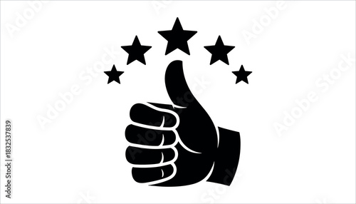 Black thumb up gesture with four stars above on white background hand success