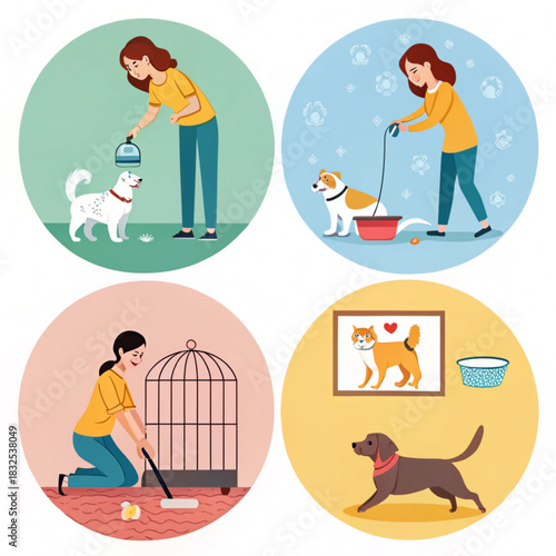 Woman caring for pets in various activities and settings