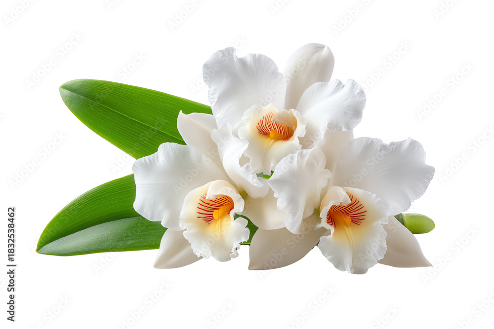 Fototapeta premium Elegant white orchid flowers with vibrant accents, accompanied by lush green leaves, perfect for floral arrangements and decor.