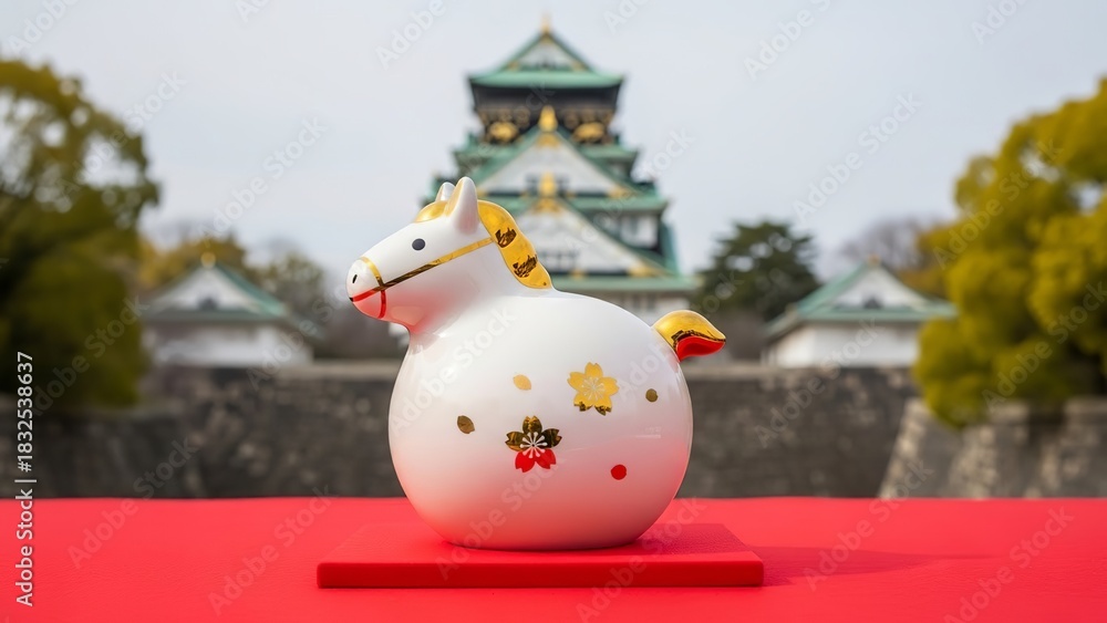 Naklejka premium Ceramic horse figurine with osaka castle in the background on a red surface