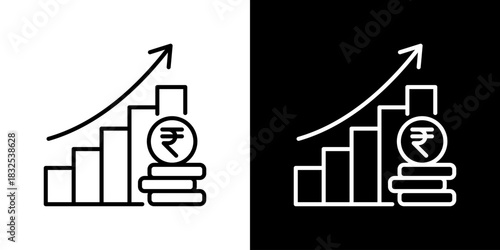 Chart Up Icon With Rupee Currency Symbol. Fresh Line Design Built For Creative Flexibility In Light And Dark Versions.