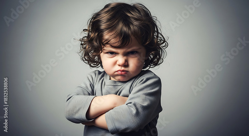 Angry little girl with crossed arms and a scowling expression on her face