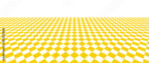 Golden checkerboard floor in perspective. Retro horizontal chess board grid plane surface. Abstract checkered tile pattern background. Yellow empty room checker stage. Vector ballroom floor